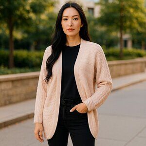 LAUREN RALPH LAUREN SZ S/M Pale Pink Cable Knit Open Front Cardigan Sweater